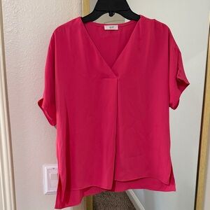Women's V-Neck Short Sleeve Blouse in Bright Pink